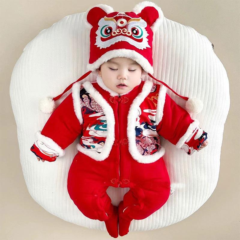 Free Hat: Thickened Baby New Year Outfit – Red Festive Baby Clothes for New Year, Full Moon, or First Birthday Plus Velvet
