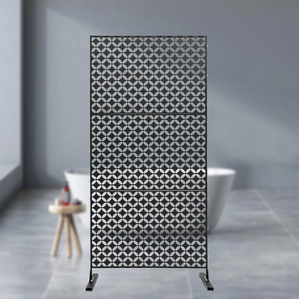 Black Freestanding Privacy Fence Screen 35x75in Laser-Cut 3-Panel Outdoor Partition for Garden Deck Room Devider