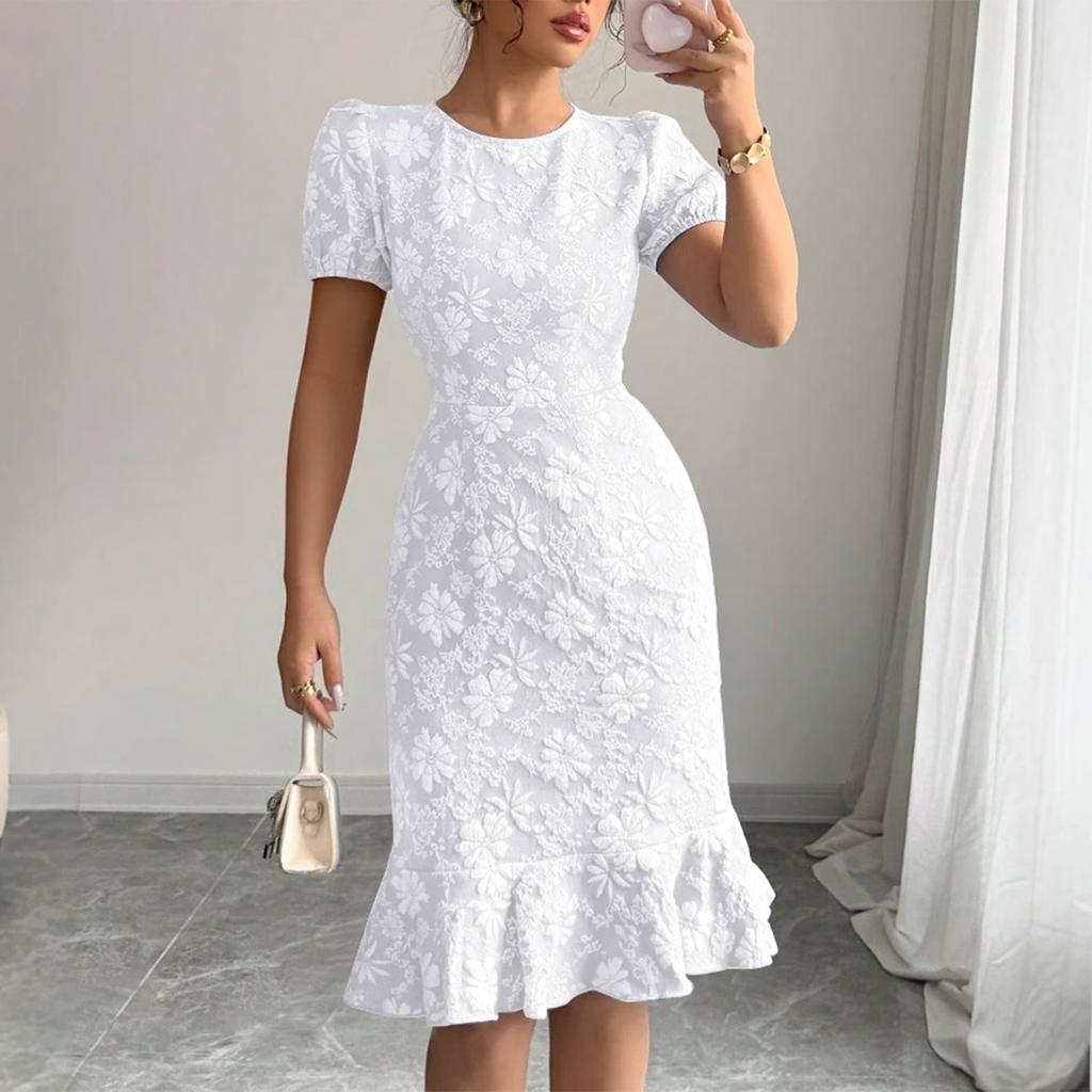 Women's Fashionable Printed Short Sleeved Round Neck Slim Fit Hip Hugging Dress