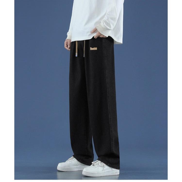 Autumn Winter Men's Black Straight Wide Leg Jeans High Street Loose Fit Denim Pants Casual Trousers Street Style