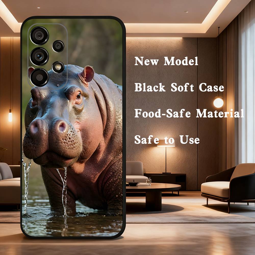 Cute Hippo Hippopotamus For Samsung Galaxy A73,31,71,53,32,72,Note,22,41,8,9,52,J7,Soft Black Silicone Cover Case