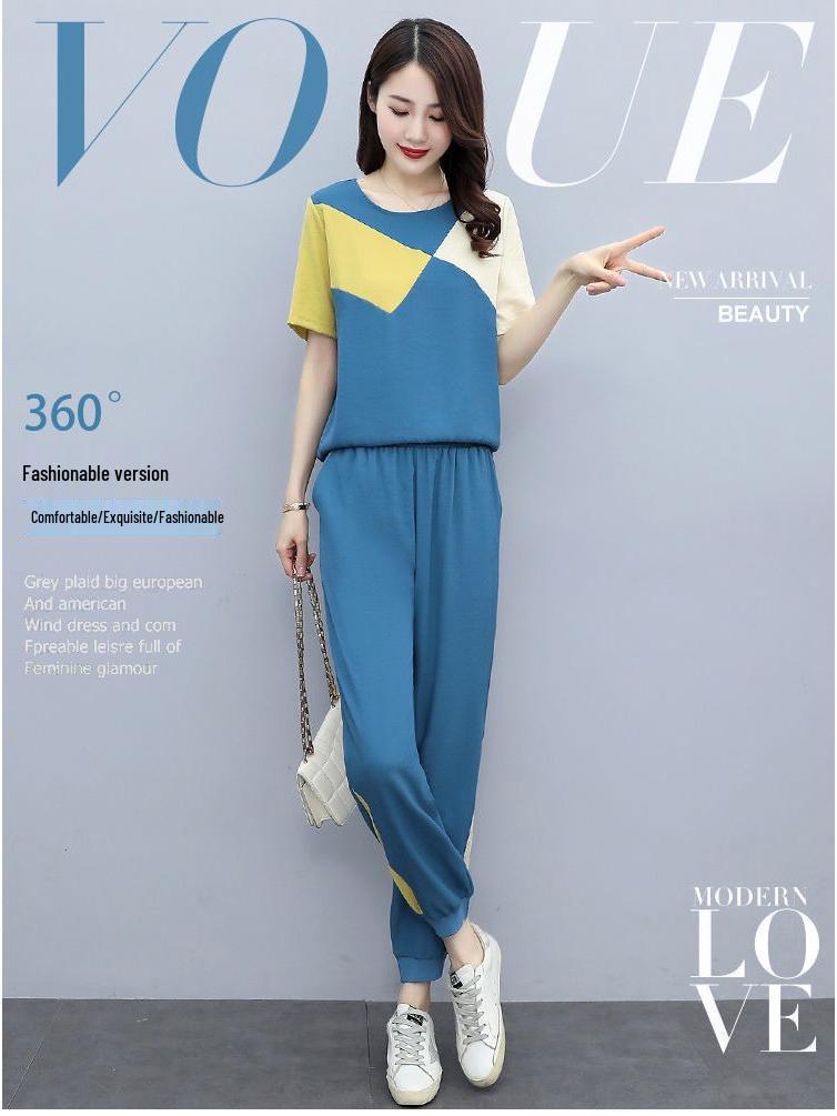 Plus Size Color Block Two-Piece Sportswear Set: Short Sleeve T-shirt & Jogger Pants