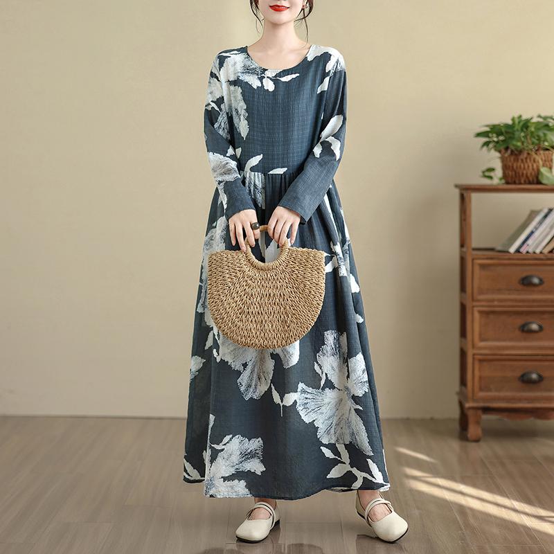 DIMANAF New 2025 Women Plus Size Spring Long Dress Loose Basic Vintage Oversize Long Sleeve Maxi Floral