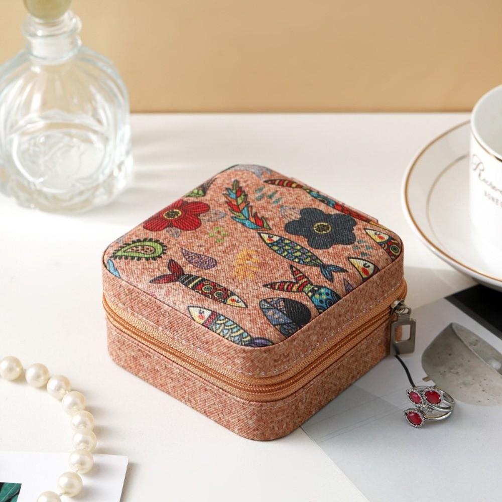 Portable Portable Necklaces Storage Box Printed Retro Rings Case Travel Jewelry Box Daily Use
