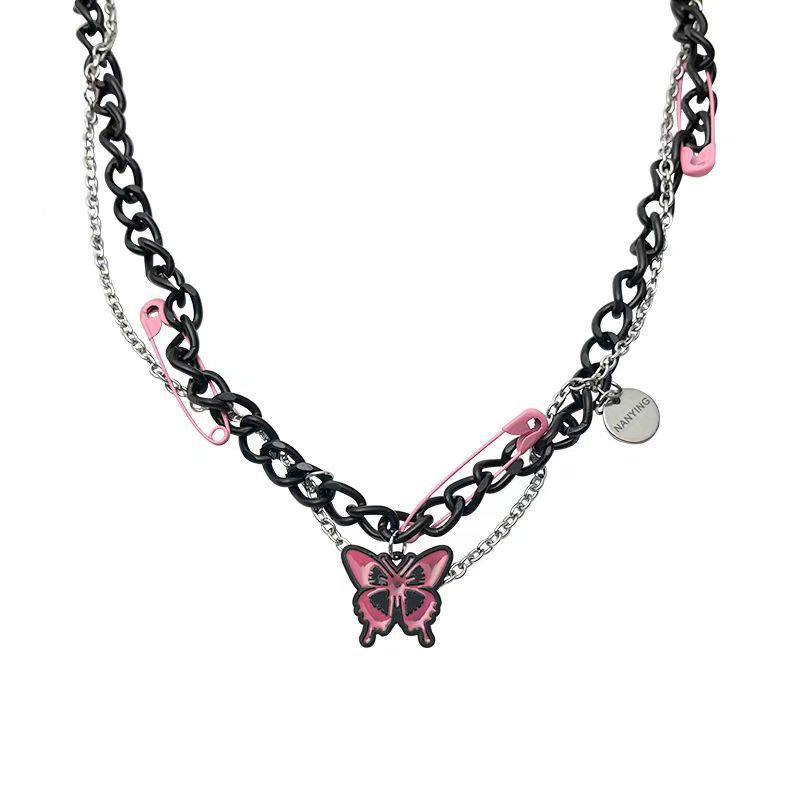

Black multi-layer chain pin pink butterfly necklace female y2k hip-hop sweet cool babe pendant 2026 new чёрный