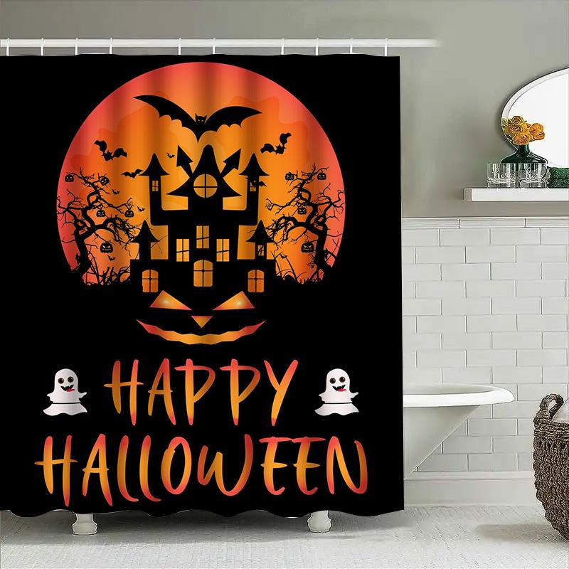 

1Pchalloween Bat Pumpkin Shower Curtain Spooky Decor For Bathroom Kids Room Gift Cute Black Orange Design W60H190(CM)-1 Pcs