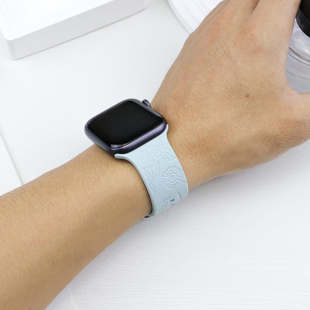 Silicone Bracelet For Apple Watch 11 10 46mm 42mm 9-8-7-6-5-4-3-2 Engraved Floral For IWatch Ultra 3 49mm 45mm-44-42-41-40-38mm