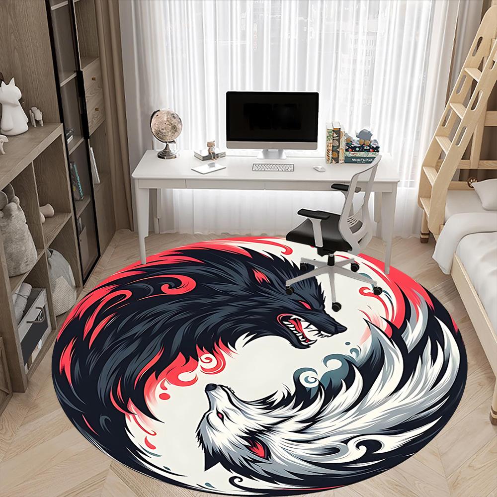 1pc Wolf YinYang Office Round Area Rug, Under Office Chairs Bedroom Living Room Home Decor, Room Deco, Available in Various Sizes