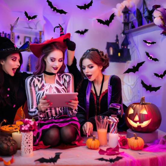 16 Pcs Halloween 3D Lighted Bat LED Bat Wall Stickers with Purple Light Spooky Light-up Glowing Bat Clings for Home Bar Halloween Party Decor