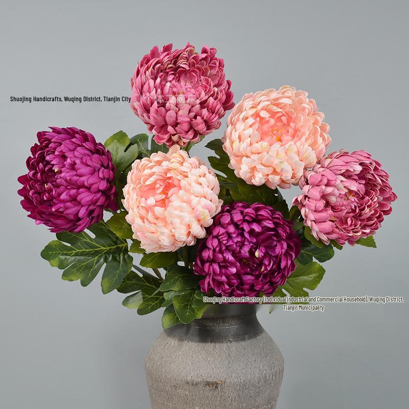 Elegant Chrysanthemum Single Stem: Multi-Layered Artificial Floral Art for Hotel Entrances & Photography Décor.