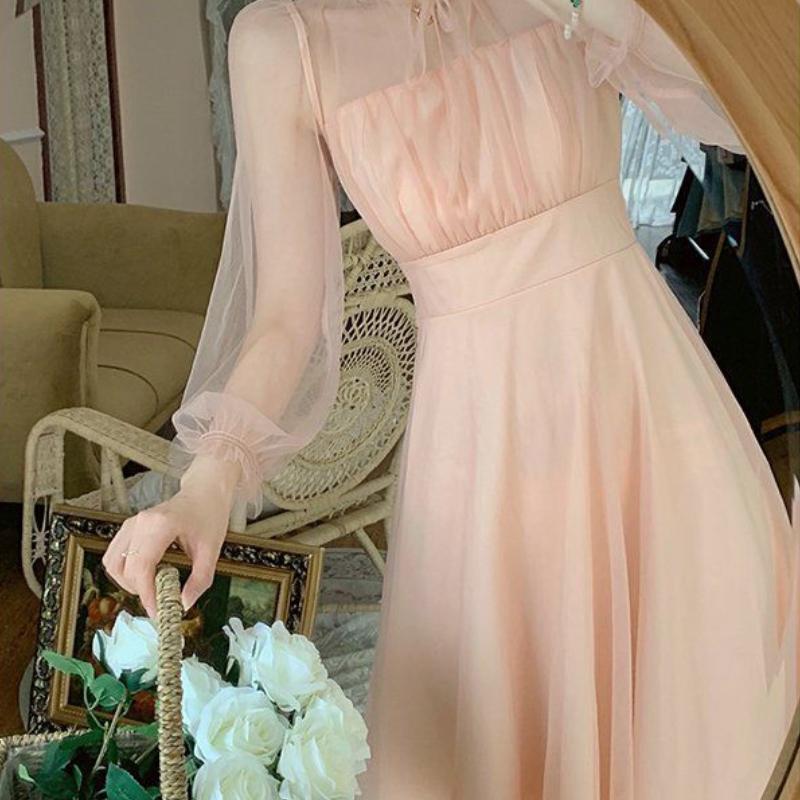 Soft Style French First Love Sweet Long Sleeve Pink Dress Elegant Princess Maxi Skirt