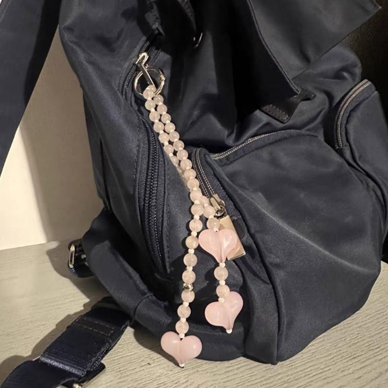 Heart Shaped Striped Pendant Keychain Delicate Pink Heart Adjustable Hanging Decoration For Keys And Mobile Devices