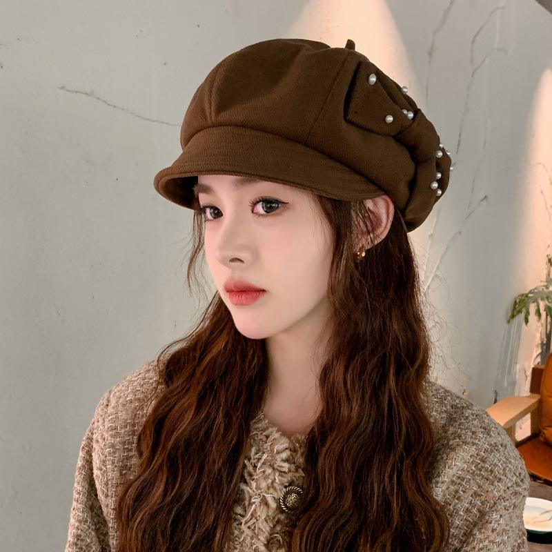 Hat Female Japanese Early Autumn Thin Octagonal Hat Versatile Pearl Bow Big Head Circumference Showing Face Small Newsboy Hat