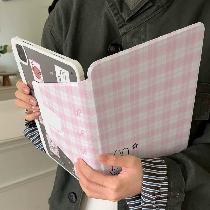 Pink Grid Miffy Tablet Case IPad Air 7/6 Mini Rotating Stand Pro Pencil Holder