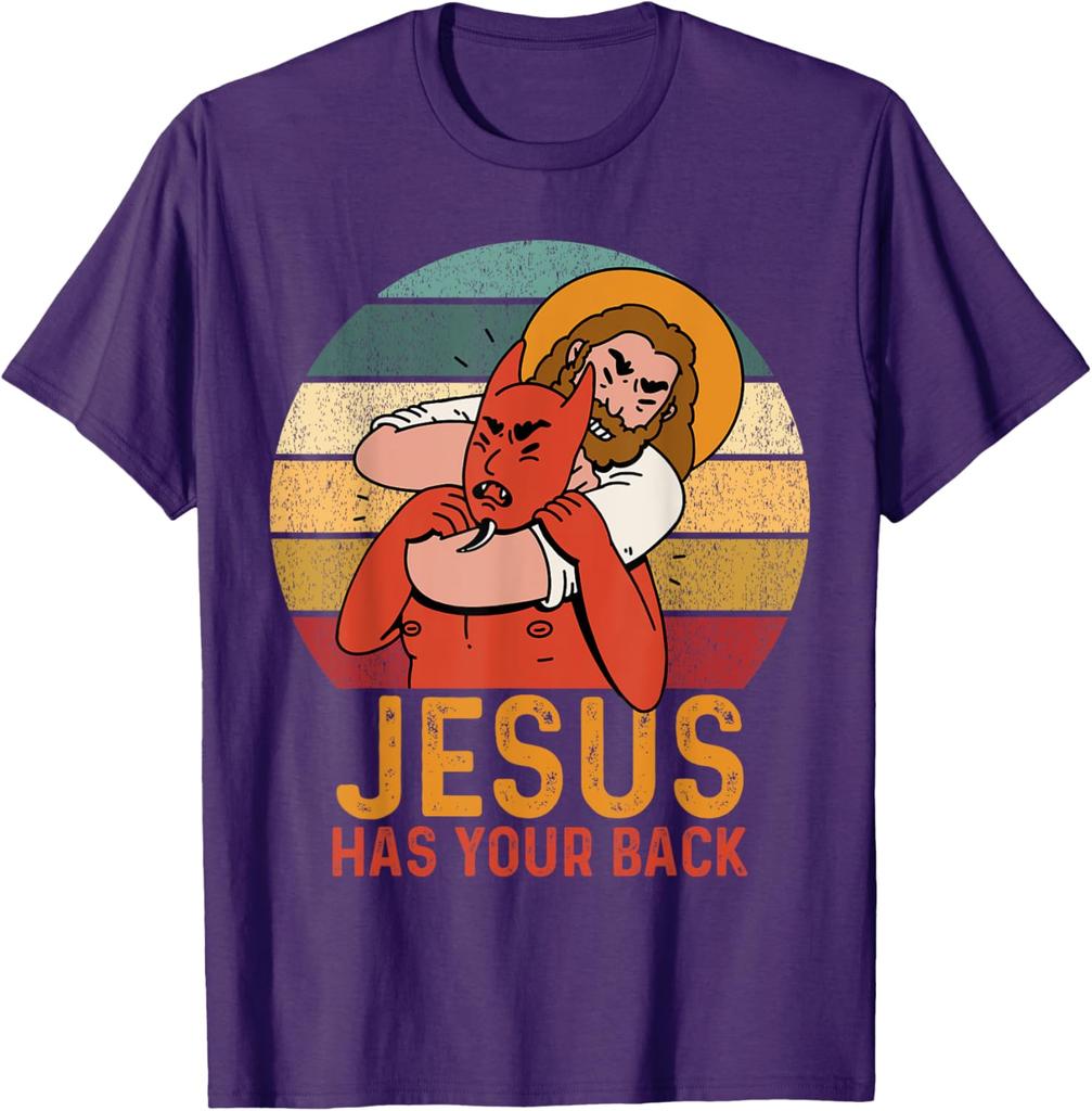 Jesus Has Your Back Fighting Devil Graphic T-Shirt Men's Casual Cotton Short Sleeve Top