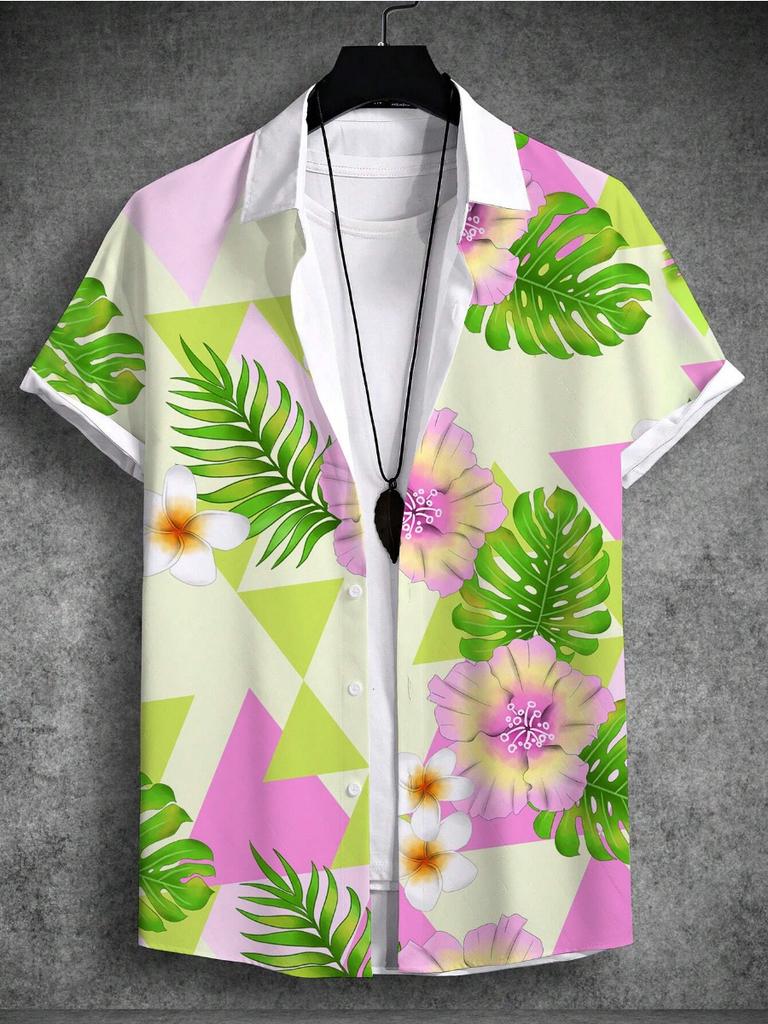 Summer 3d Print Men'sShirt Tropical Hawaiian Beach Vacation Plant Coconut Tree Short Sleeve T-Shirt 4-Way Stretch Fabric Shirt