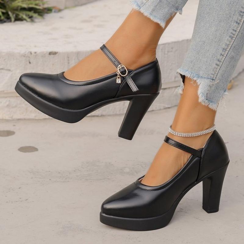 High Heels Plateau Pumps Mujer 2025 Frühling Neue Mode Schnalle Einfarbig Schwarz Schuhe Frau PU Leder Wasserdichte Schuhe Femme