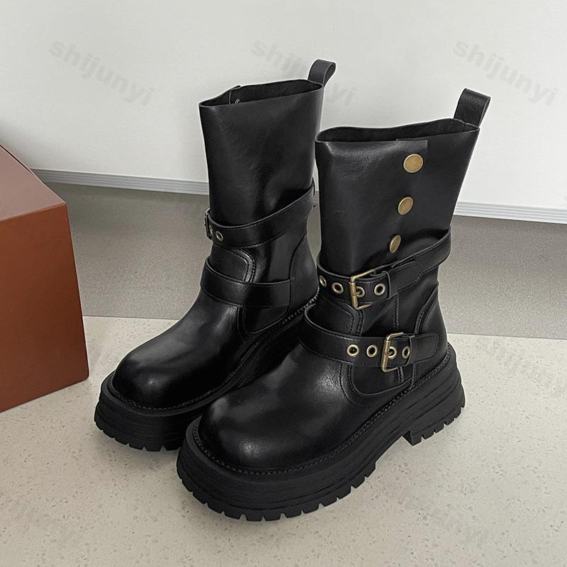 Fashion Women's Boots 2025 Autumn Fashion Retro Comfortable Anti Slip Britain Outdoor Long Boots Chunky Platform PU Leather Botas Mujer