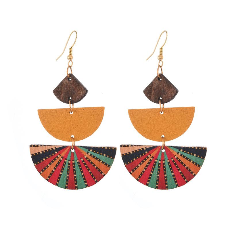 Bohemian Wood Stud Earrings Niche Design Ethnic Style Geometric Stripe Print Earrings Femininity Personality Earrings