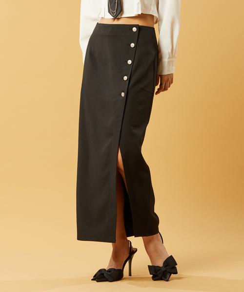 Collet Layered Snap Slit Long Skirt [Black]