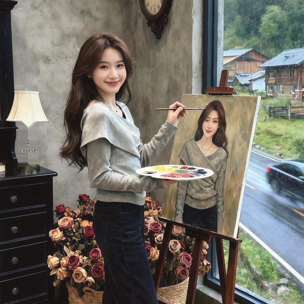 Korean V-Neck Long Sleeve Slimming T-Shirt for Women - Spring, Autumn, Winter