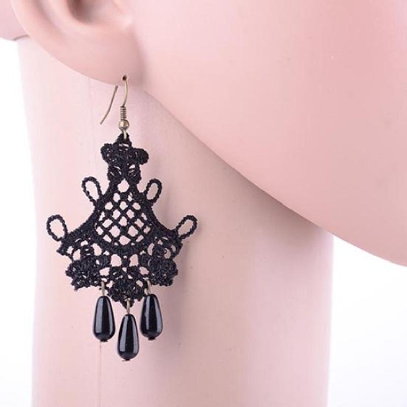 Retro Vintage Halloween Black Lace Tassel Statement Dangle Hook Earrings Jewelry