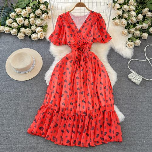 Fashion Dress for Women V Neck A-line Flounced Edge Printing Chiffon Vestidos Lace-up Folds Lining Dresses Summer