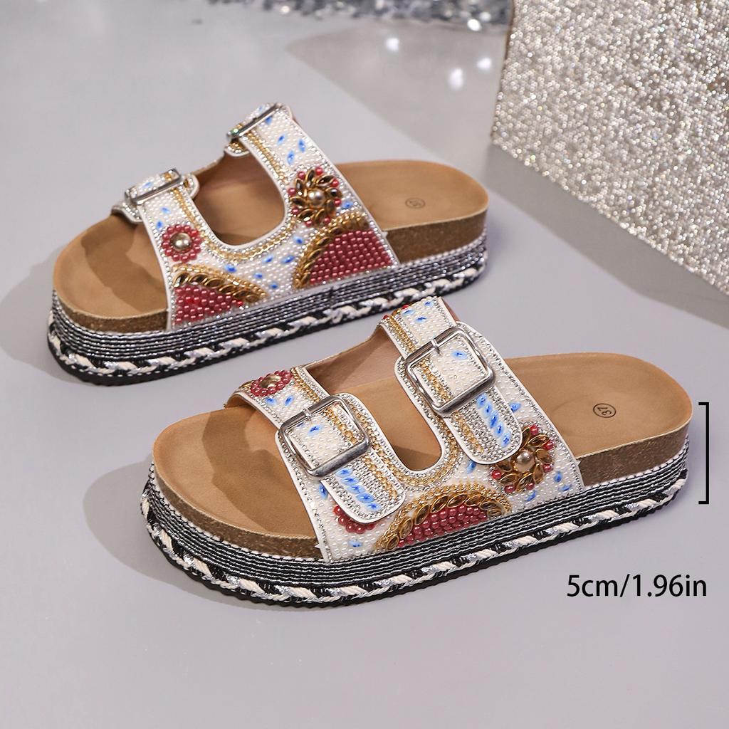 Women's Plus Size Summer Platform Chunky Sole Color Block Rhinestone Double Buckle Cork One Strap Slide Sandals