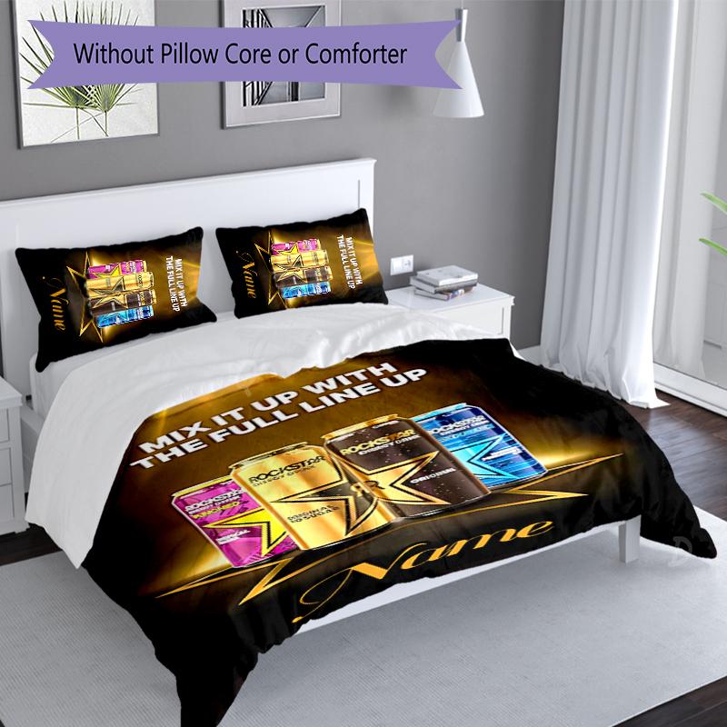 3pcs Custom Name Rockstar Energy Logo Bedding Set,Includes 1 Duvet Cover and 2 Pillowcases,All-season Bedroom Decor