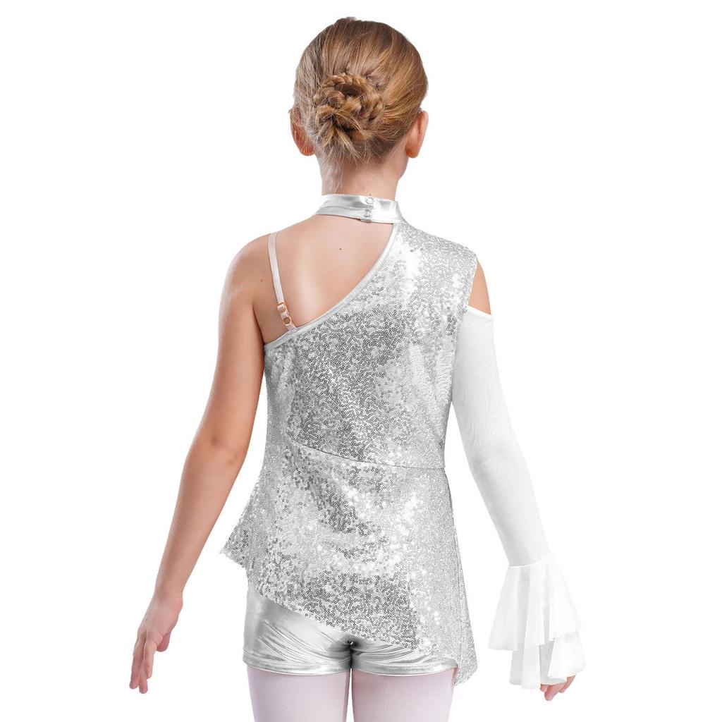 Dívčí peplum leotard taneční kostým asymetrický design s odhaleným ramenem a průsvitnými síťovanými volánovými rukávy body