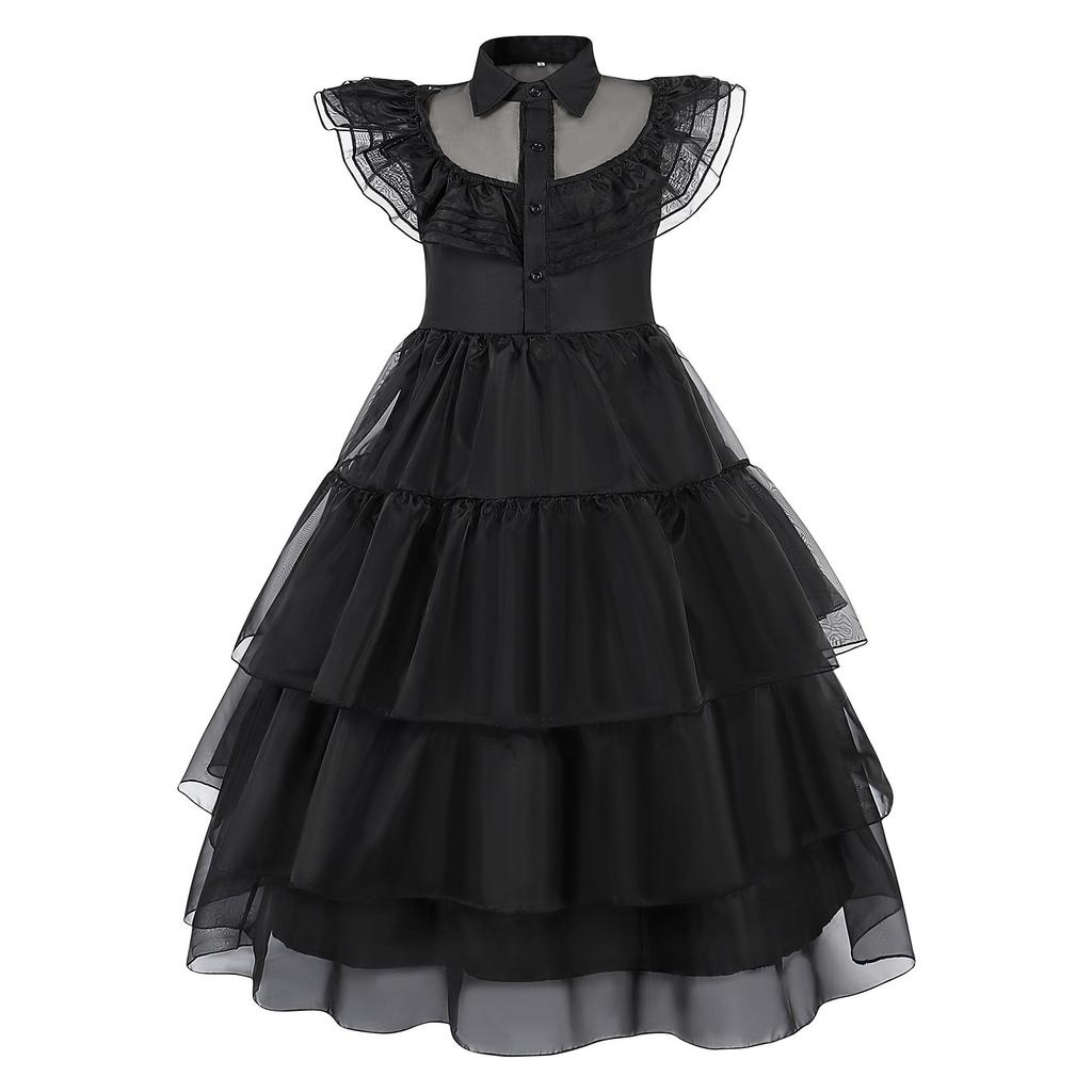 Girls Wednesday Addams Costume Dress, Gothic Party Cosplay, Halloween Role Play, Black Polyester Dress, 140cm