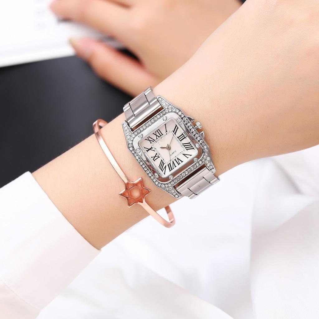 Fashion Luxury Women's Square Watch Diamond Steel Strap Roman Scale Dial Quartz Female Gift Clock Watches