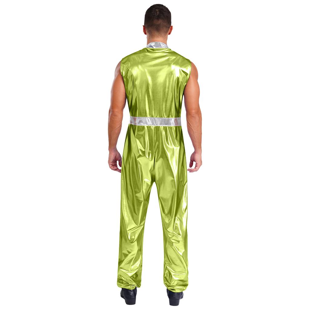 Herren glänzender metallischer ärmelloser Reißverschluss Ganzkörper-Jumpsuit Bodysuit