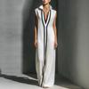 European & American 2026 Summer V-neck Sleeveless Cotton Linen Slim Fit Stand Collar Color Block Dress for Women