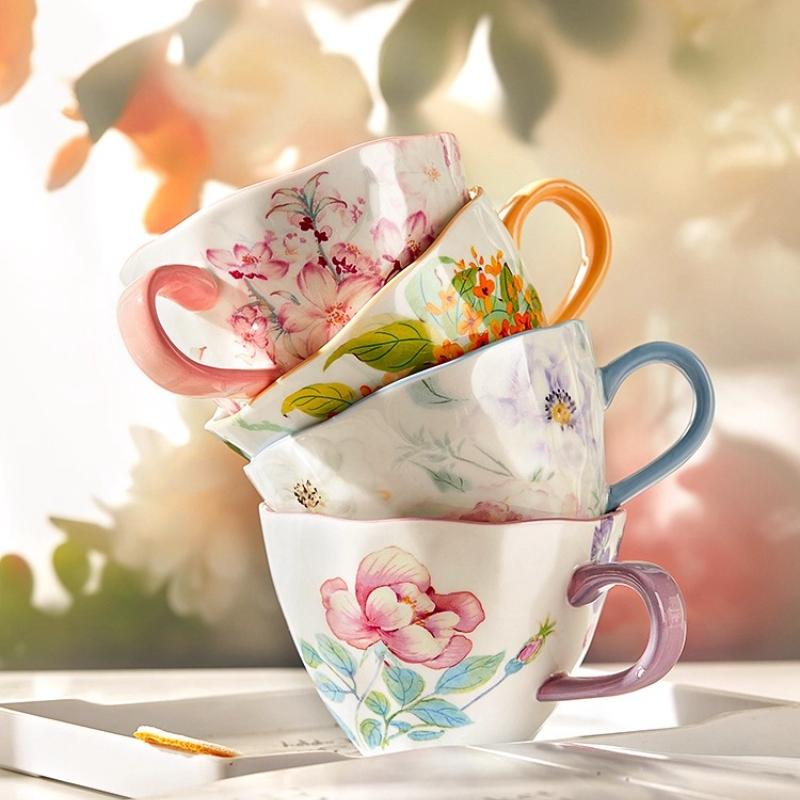 Ceramic Coffee Mug, Premium 350ml Bone China Coffee Tea Hug Mug, Floral Designed Teacup, Breakfast Cup