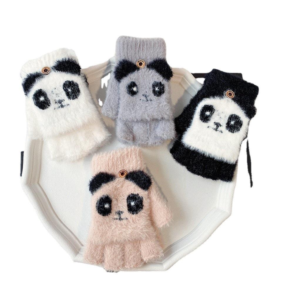 Cartoon Panda Warm Winter Women's Half Finger Flip Plush Knitted Coldproof Thickened Cycling Office Fingerless Gloves