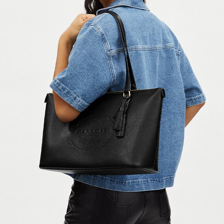 Coach Gallery 37 Solid Color Embossed Logo Zipper Closure Leather Tote Bag Women Tote Bags Black CM086-IMBLK