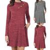 Women's Casual Crewneck Buttoned Waist-tie Long-sleeve Solid-color Dress
