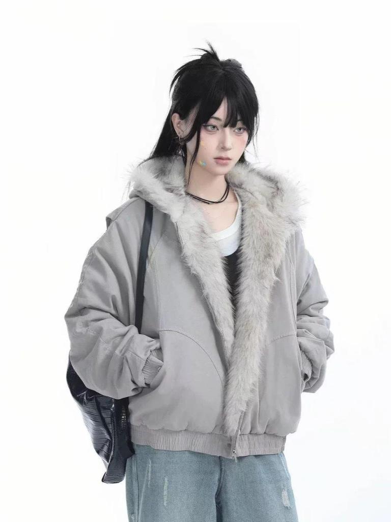 Women's American Retro Mountain Eagle Fur Collar Jacket - Winter Hooded Thick Petite Cotton Coat