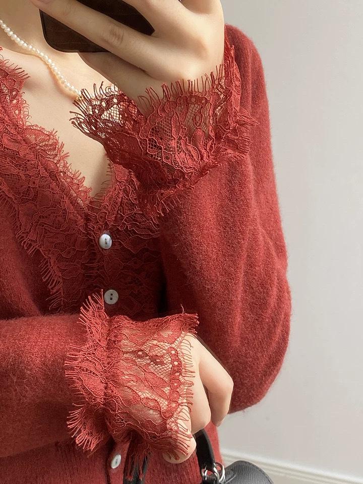 Women's V-Neck Wool Lace Cardigan - Long Sleeve, Short Jacket, Autumn/Winter Style, Trendy Temperament