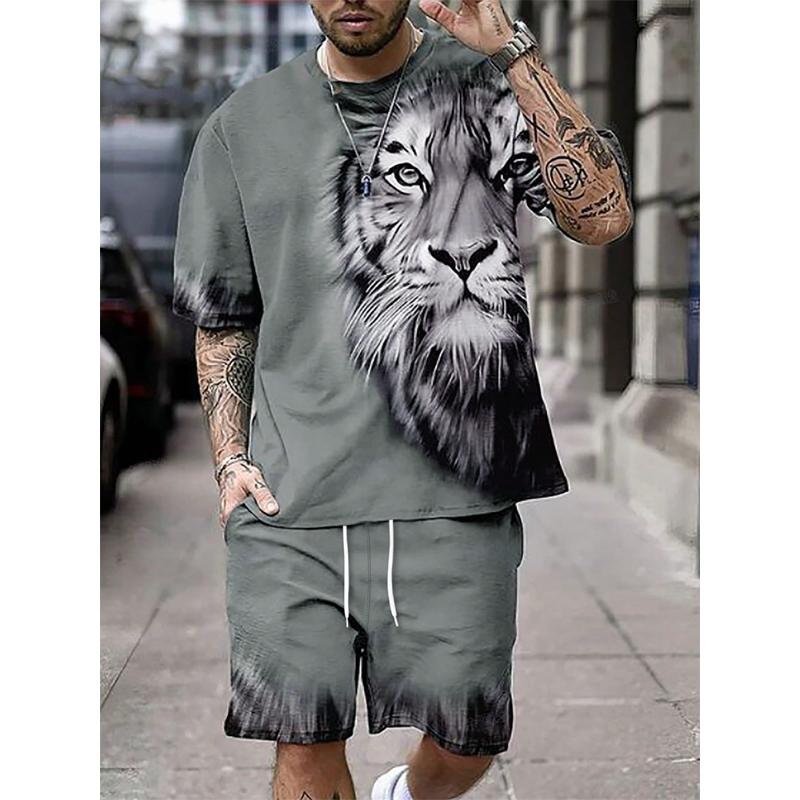 Summer Everyday Casual Men's Sports Shorts Street Fashion Men's Short-sleeved Tops Lion Print Men's T-shirts And Shorts Sets