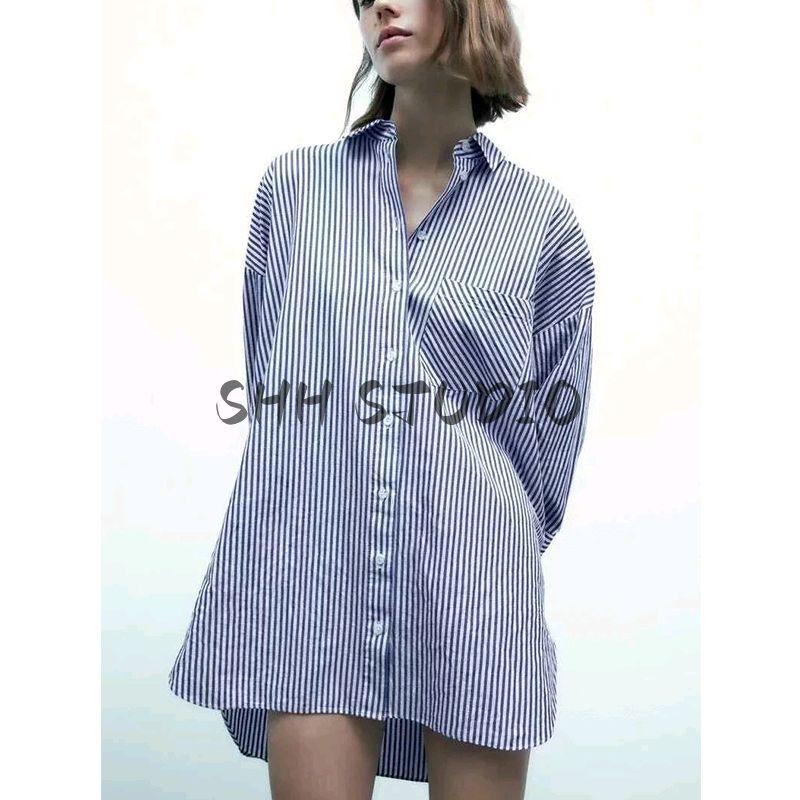 Spring New Women's Clothing French Style Design Single Striped Style with Pockets Lapel Long Sleeves Loose Shirt 5216040