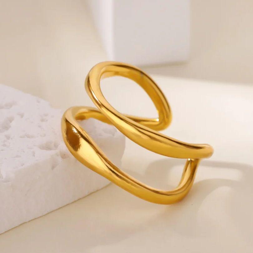 Inele duble minimaliste pentru femei Culoare aurie Oțel inoxidabil Inel deschis Estetic Cadou bijuterie de nuntă de Crăciun
