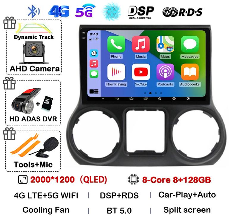 Android 14 Carplay Auto WIFI+4G For Jeep Wrangler 3 JK 2010 2011 2012-2018 Car Radio Multimedia Player GPS 360 Camera Stereo DSP