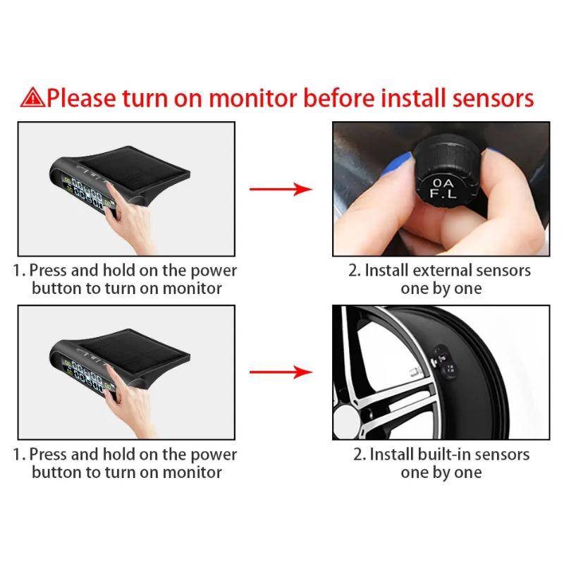 Bildekktrykkovervåkingssystem, med 4 sensorer Smart Device, Display, Temperaturalarm, Sigarettenner, USB, TPMS