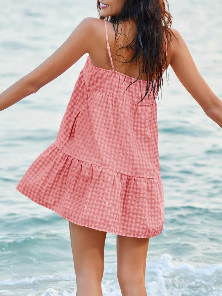Women's Plaid A Line Mini Dress with Shoulder Straps Ruffle Hem and Side Pockets
