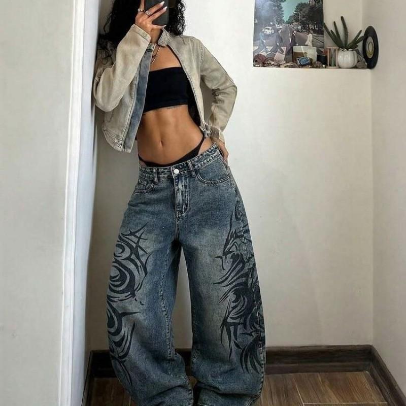 Y2K Street Style Printed Denim Jeans Loose Straight Leg Mid Rise Casual Pants Women