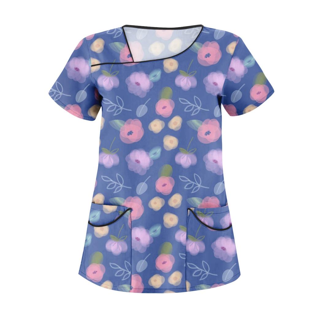 (Qunide) Women's Fashion Printed Short Sleeve Workwear With Double Pockets Tops Nurses' Uniforms
