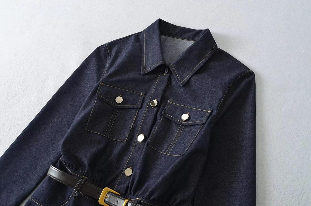 Women's Denim Belted Shirt Dress - Retro Lapel, Waist-Cinching, Hip-Hugging Short Skirt for Autumn/Winter