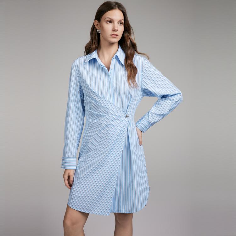 ELLE Irregular Pleated Striped Polo Neck Mid-Length Long Sleeve Dress Women dress Blue EL40030